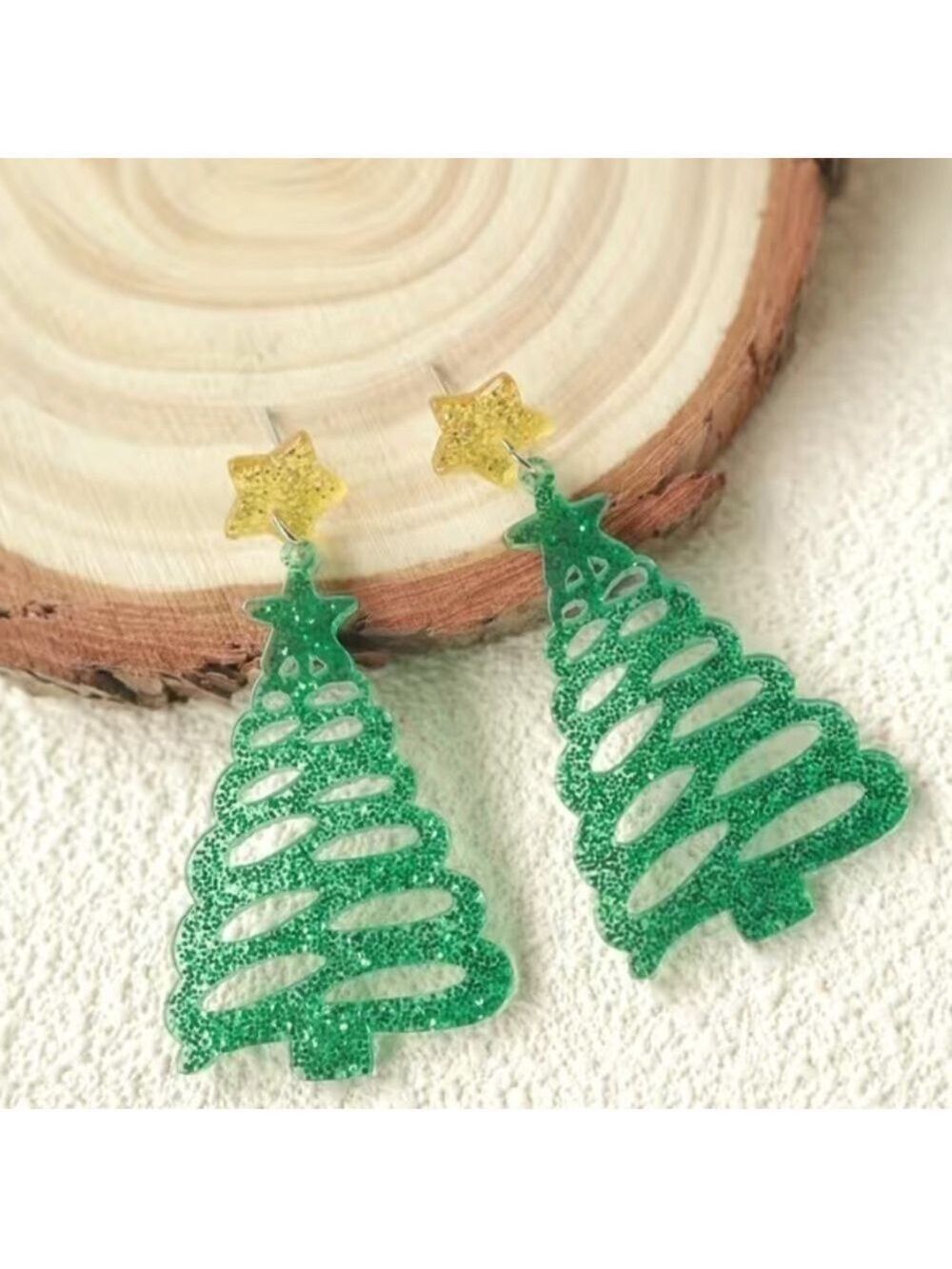 GREEN Christmas Tree Design Acrylic Dangle Pierced Earrings